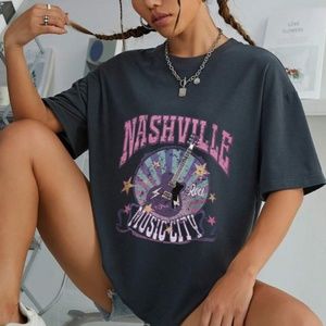 Shein Guitar And Letter Graphic Drop Shoulder Nashville Music City Grey Tee Sz L